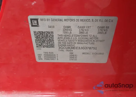 2018 Chevrolet Silverado 1500 2Lt из США, поврежденный, VIN 3GCUKREC3JG378751